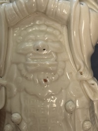 Three Chinese Dehua blanc de Chine figures of Guanyin and Weituo, He Chaozong 何朝宗 and Dehua 德化 mark, 20th C.