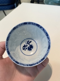 18 Chinese blue and white cups and 16 saucers with floral design, jade mark, Kangxi