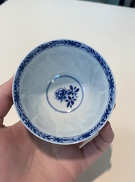 18 Chinese blue and white cups and 16 saucers with floral design, jade mark, Kangxi