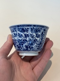 18 Chinese blue and white cups and 16 saucers with floral design, jade mark, Kangxi