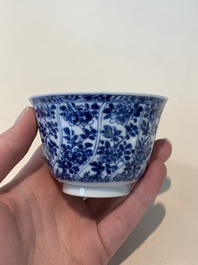 18 Chinese blue and white cups and 16 saucers with floral design, jade mark, Kangxi