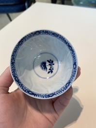 18 Chinese blue and white cups and 16 saucers with floral design, jade mark, Kangxi
