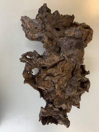A Chinese carved wooden group and a natural root sculpture, 20th C.