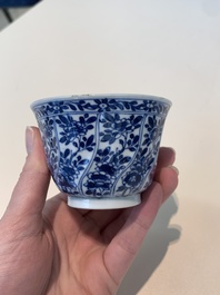 18 Chinese blue and white cups and 16 saucers with floral design, jade mark, Kangxi