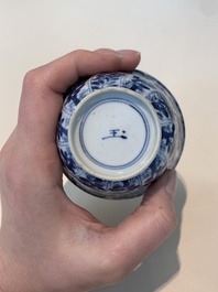 18 Chinese blue and white cups and 16 saucers with floral design, jade mark, Kangxi