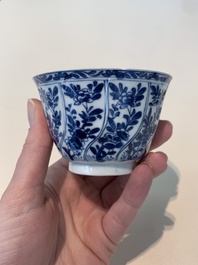 18 Chinese blue and white cups and 16 saucers with floral design, jade mark, Kangxi