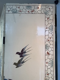 A Chinese polychrome lacquered wooden eight-panel folding screen with a pond scene, 19/20th C.