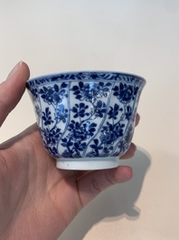 18 Chinese blue and white cups and 16 saucers with floral design, jade mark, Kangxi