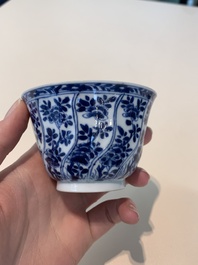 18 Chinese blue and white cups and 16 saucers with floral design, jade mark, Kangxi