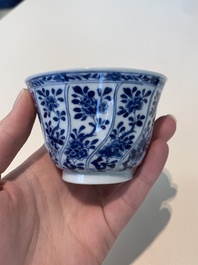18 Chinese blue and white cups and 16 saucers with floral design, jade mark, Kangxi