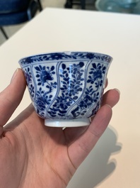 18 Chinese blue and white cups and 16 saucers with floral design, jade mark, Kangxi