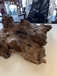 A Chinese carved wooden group and a natural root sculpture, 20th C.