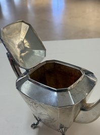A Chinese silver covered teapot, sugar jar and milk jug with bamboo design, Tackhing 90% silver mark, 20th C.