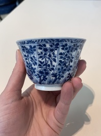 18 Chinese blue and white cups and 16 saucers with floral design, jade mark, Kangxi
