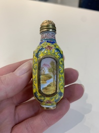 Two Chinese snuff bottles, four soapstone seals and a lacquer covered box, 20th C.