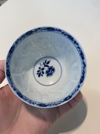 18 Chinese blue and white cups and 16 saucers with floral design, jade mark, Kangxi