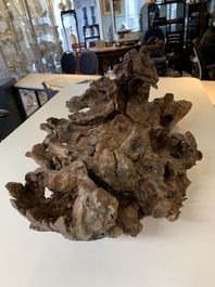 A Chinese carved wooden group and a natural root sculpture, 20th C.