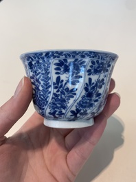 18 Chinese blue and white cups and 16 saucers with floral design, jade mark, Kangxi