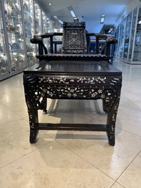 A Chinese mother-of-pearl-inlaid hongmu reclining armchair with a retractable footrest, Canton, 19th C.