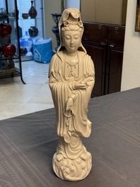 Three Chinese Dehua blanc de Chine figures of Guanyin and Weituo, He Chaozong 何朝宗 and Dehua 德化 mark, 20th C.