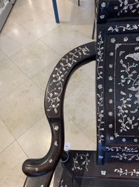 A Chinese mother-of-pearl-inlaid hongmu reclining armchair with a retractable footrest, Canton, 19th C.