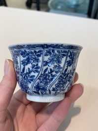 18 Chinese blue and white cups and 16 saucers with floral design, jade mark, Kangxi
