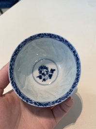 18 Chinese blue and white cups and 16 saucers with floral design, jade mark, Kangxi