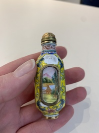 Two Chinese snuff bottles, four soapstone seals and a lacquer covered box, 20th C.
