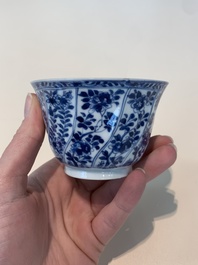 18 Chinese blue and white cups and 16 saucers with floral design, jade mark, Kangxi
