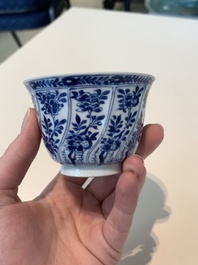 18 Chinese blue and white cups and 16 saucers with floral design, jade mark, Kangxi