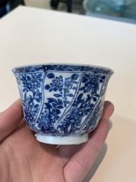 18 Chinese blue and white cups and 16 saucers with floral design, jade mark, Kangxi