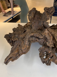 A Chinese carved wooden group and a natural root sculpture, 20th C.