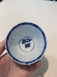 18 Chinese blue and white cups and 16 saucers with floral design, jade mark, Kangxi