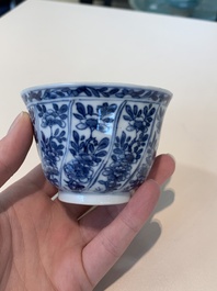 18 Chinese blue and white cups and 16 saucers with floral design, jade mark, Kangxi