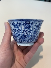 18 Chinese blue and white cups and 16 saucers with floral design, jade mark, Kangxi