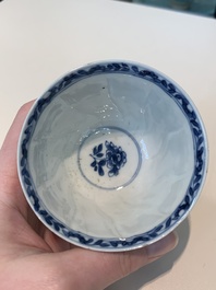 18 Chinese blue and white cups and 16 saucers with floral design, jade mark, Kangxi