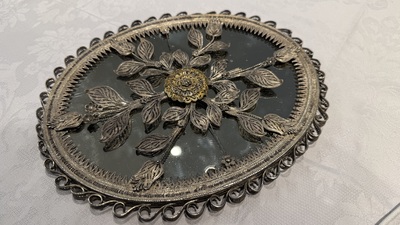 An Ottoman partly-gilt filigree silver mirror with floral design, Istanbul, Turkey, 18/19th C.