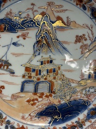 A pair of Chinese Imari-style 'landscape' dishes, Kangxi