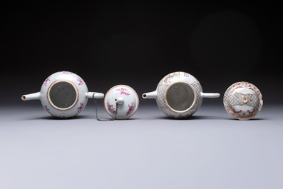 Five Chinese famille rose 'mandarin subject' and floral design teapots, Qianlong
