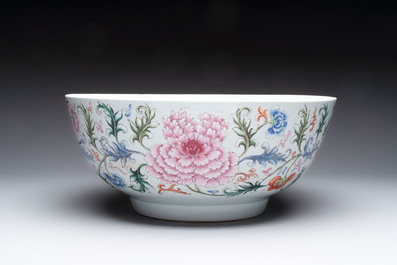 An unusual Chinese famille rose punch bowl with floral relief design, Qianlong