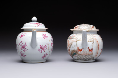 Five Chinese famille rose 'mandarin subject' and floral design teapots, Qianlong