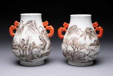 A pair of small Chinese grisaille 'hu' vases with winter landscapes, Qianlong and Tangying marks, Republic