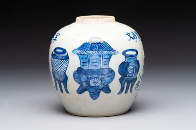 A Chinese blue and white vase, a jar, a famille rose cup and a plaque, signed He Xuren 何許人, 19th C.