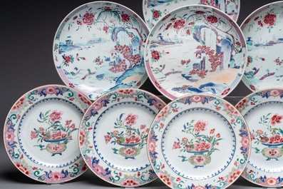 Four Chinese famille rose 'riverscape' plates and five 'flower basket' plates, Qianlong