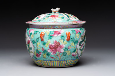 A Chinese famille rose 'kamcheng' bowl and cover and a blue and white 'chupu' bowl and cover for the Straits or Peranakan market, 19th C.