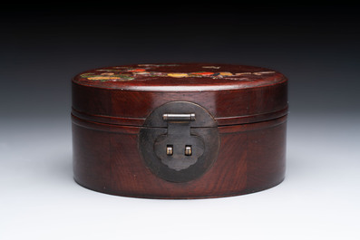 A Chinese hardstone and mother-of-pearl embellished huanghuali box, 19th C.