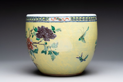 A Chinese famille rose yellow-ground 'pheasant and peony' scroll pot, 19th C.