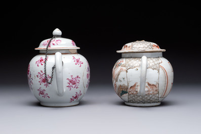 Five Chinese famille rose 'mandarin subject' and floral design teapots, Qianlong