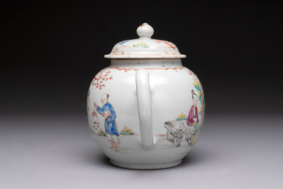 Five Chinese famille rose 'mandarin subject' and floral design teapots, Qianlong