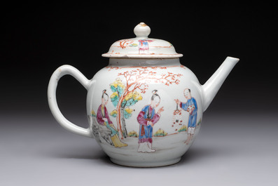 Five Chinese famille rose 'mandarin subject' and floral design teapots, Qianlong